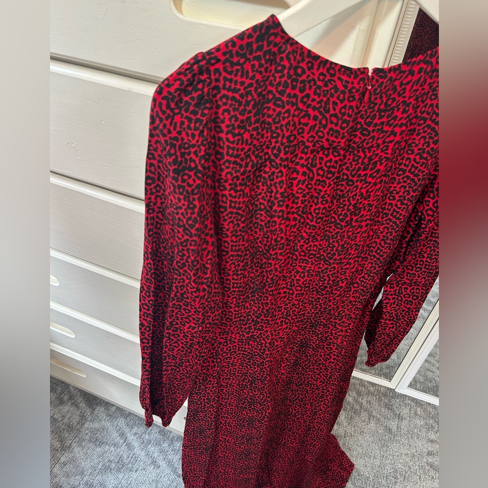 LOFT Leopard Animal Print Slit Midi Dress Long Sleeves Tango Red Holiday Dress✨ - Picture 8 of 10